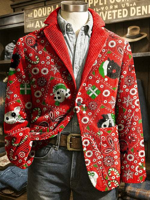 Men's Corduroy Christmas Puppy Paisley Lapel Blazer