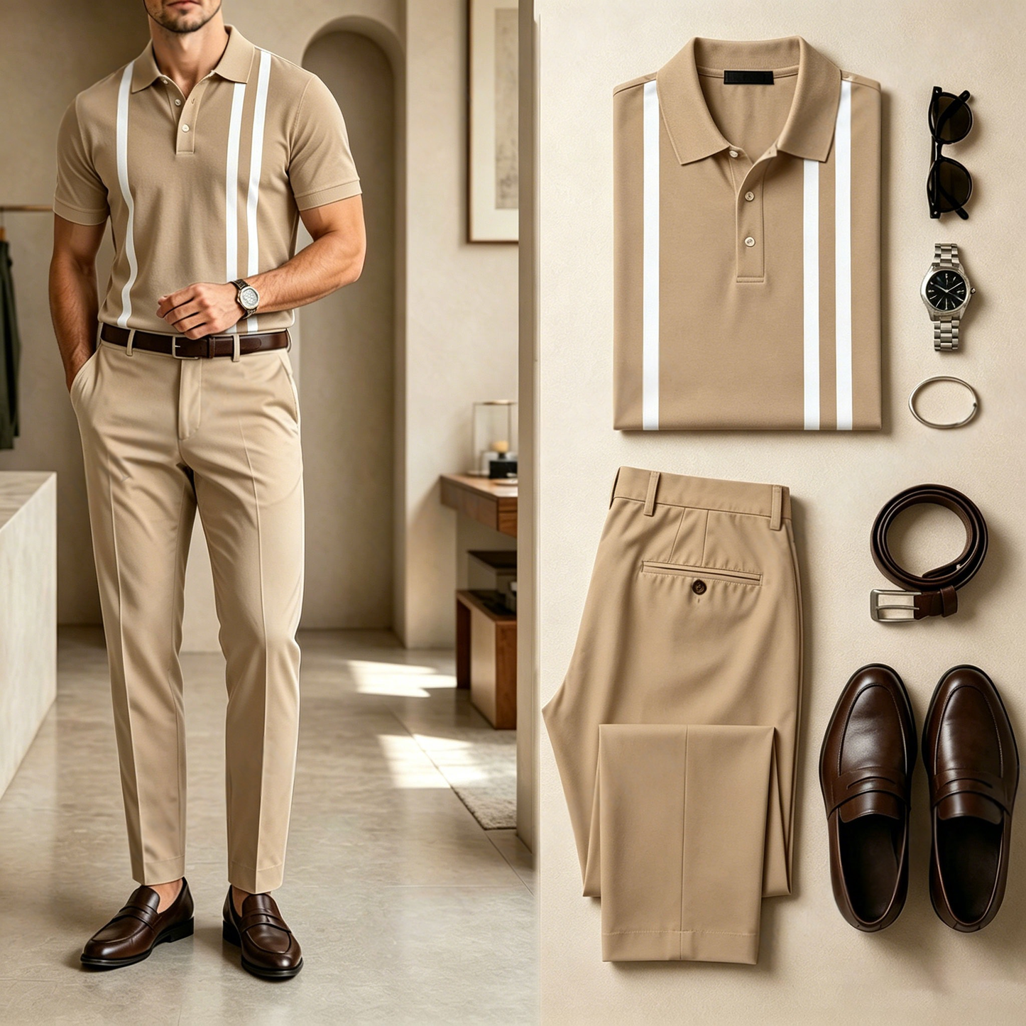 Men's Casual Vertical-Striped Patchwork Print Short-Sleeve Polo Shirt And Pants Set (Excludes Accessories Such As Watches And Belts)