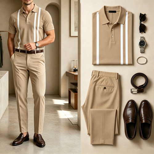 Men's Casual Vertical-Striped Patchwork Print Short-Sleeve Polo Shirt And Pants Set (Excludes Accessories Such As Watches And Belts)