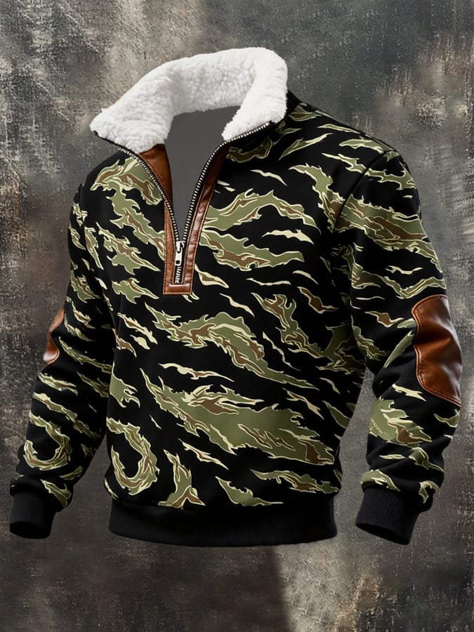 Men's Retro Distressed Color Block Camouflage Print Casual Fur Collar Long Sleeve Sweatshirt