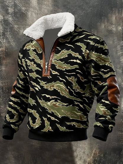 Men's Retro Distressed Color Block Camouflage Print Casual Fur Collar Long Sleeve Sweatshirt
