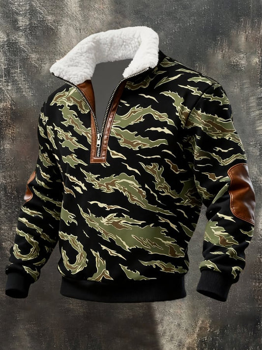 Men's Retro Distressed Color Block Camouflage Print Casual Fur Collar Long Sleeve Sweatshirt