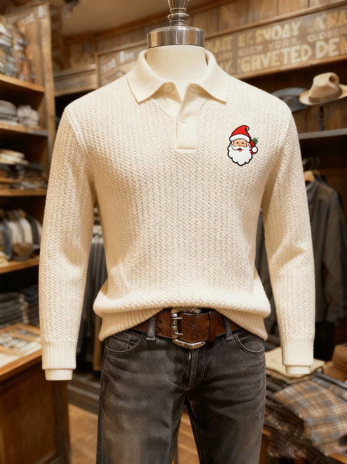 Men's Christmas Business Logo Print Long Sleeve Polo Shirt