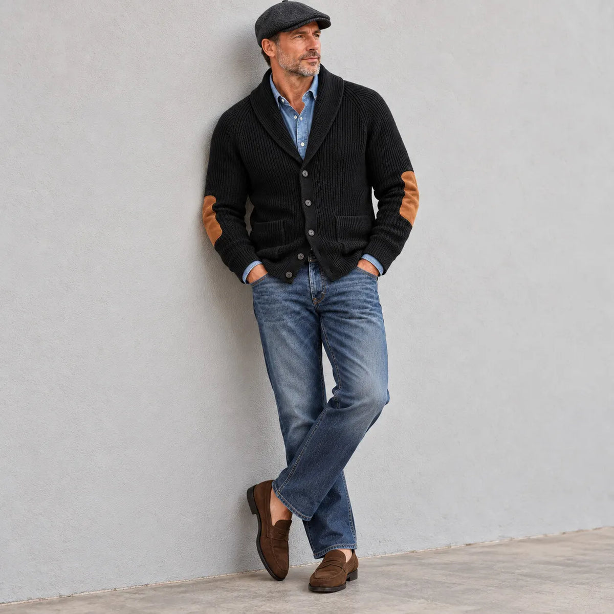 Men's Navy Blue Shawl Lapel Single Breasted Patchwork Ribbed Knit Sweater Cardigan