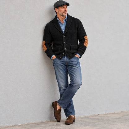 Men's Navy Blue Shawl Lapel Single Breasted Patchwork Ribbed Knit Sweater Cardigan