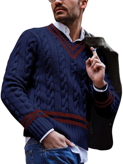 Men's Casual Striped Contrast V-Neck Cable Knit Sweater