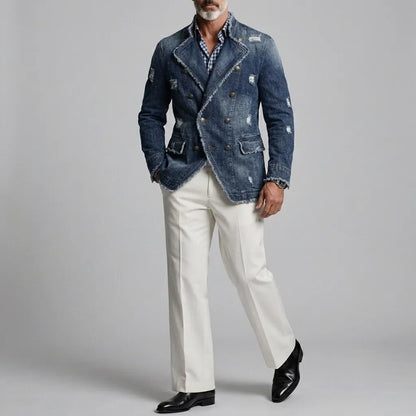 Men's Retro Ripped Frayed Edge Stand Collar Double-Breasted Denim Jacket