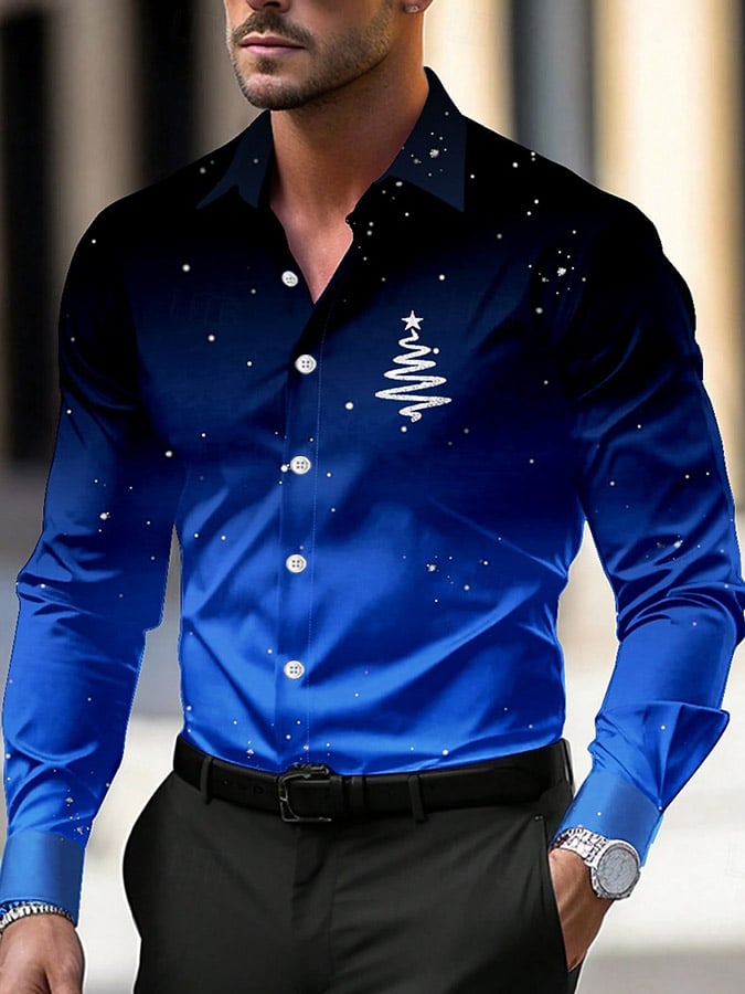 Men's Luxury Christmas Contrast Color Print Long Sleeve Shirt