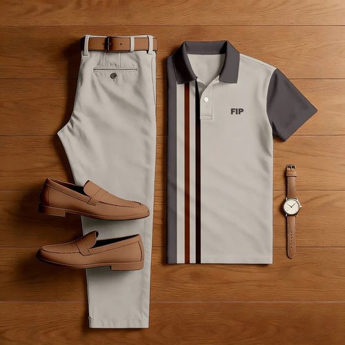 Men's Casual Gray Striped Printed Short-Sleeved Shirt And Shorts Two-Piece Set 203404