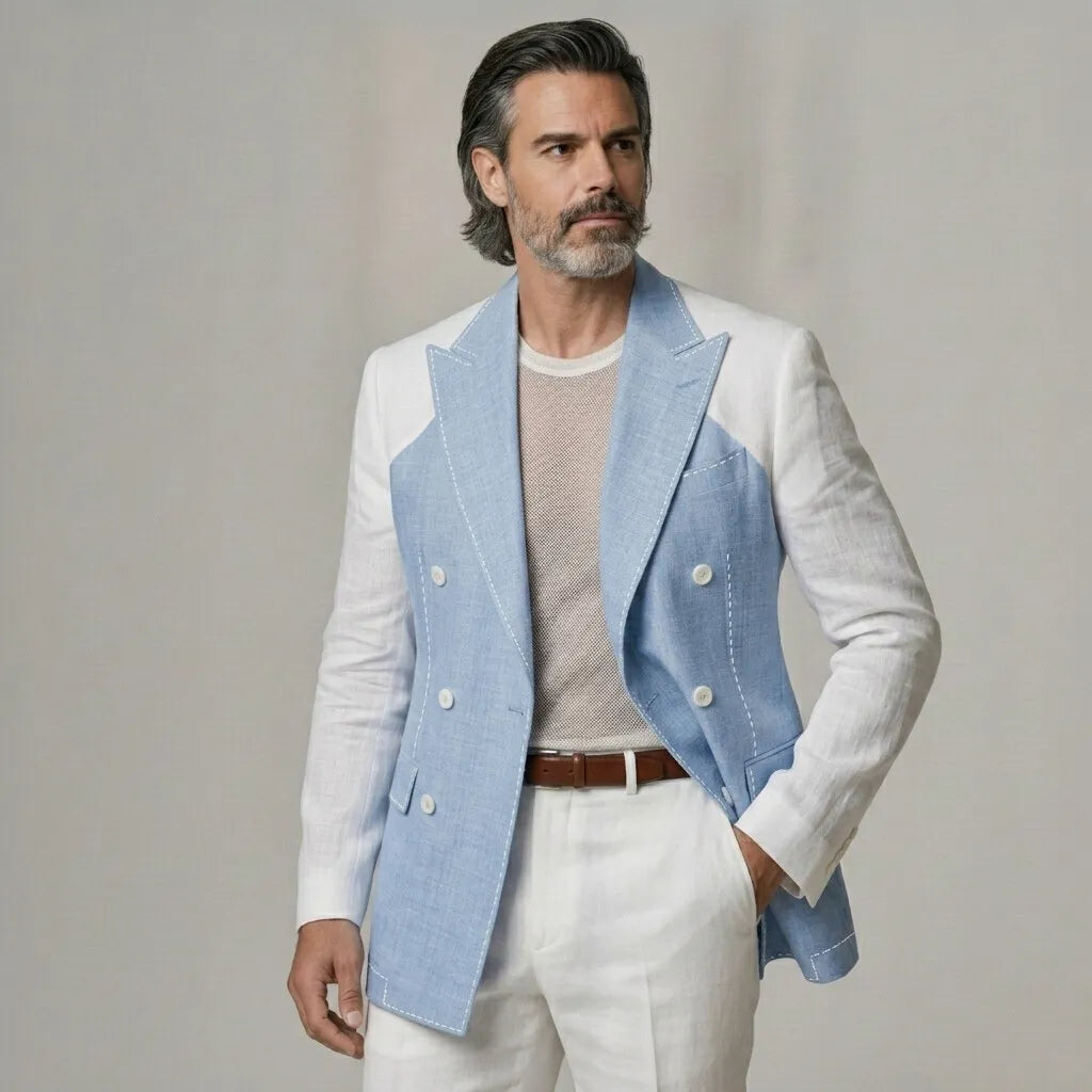 Men's Semi Formal Cool Blue Double Breasted Peak Lapel Contrast Color Blazer