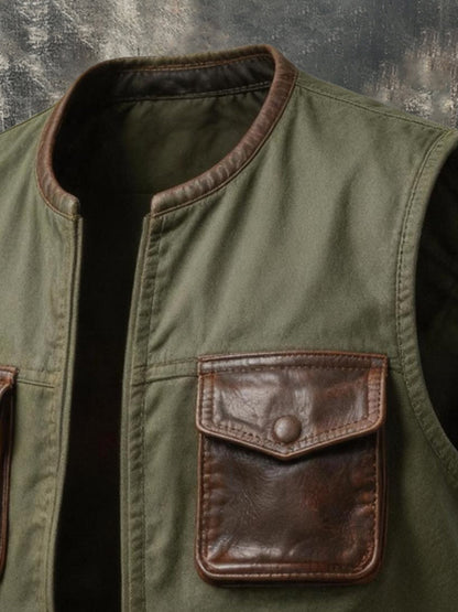 Men's Vintage Leather-Panel Multi-Pocket Utility Vest