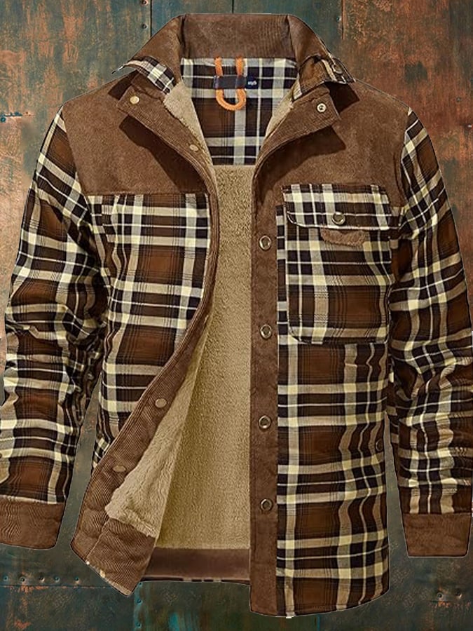 Men's Vintage Plaid Stand Collar Plus Velvet Autumn And Winter Jacket