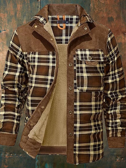 Men's Vintage Plaid Stand Collar Plus Velvet Autumn And Winter Jacket