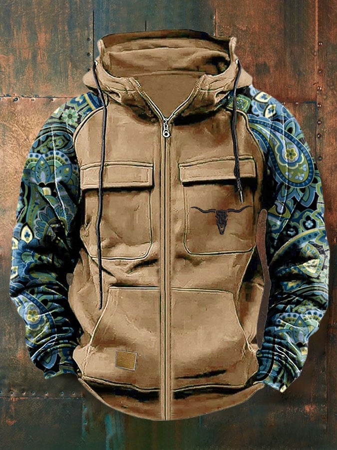 Men's Vintage Western Print Multi-Pocket Jacket