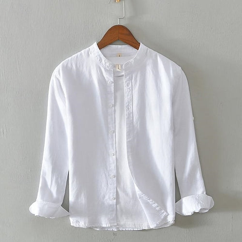 Men's Shirt Linen Shirt Casual Shirt Button Up Shirt Cotton Shirt Plain Vacation Hawaiian White Navy Blue Khaki Gray Long-Sleeve Band Collar Spring Fall Clothing Apparel Button-Down