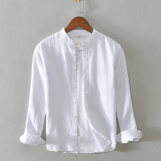 Men's Shirt Linen Shirt Casual Shirt Button Up Shirt Cotton Shirt Plain Vacation Hawaiian White Navy Blue Khaki Gray Long-Sleeve Band Collar Spring Fall Clothing Apparel Button-Down