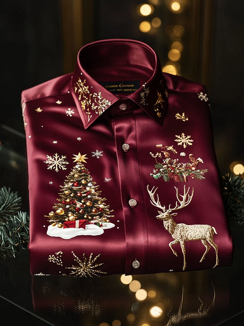 Men's Christmas Satin Luxe Long Sleeve Button Down Shirt