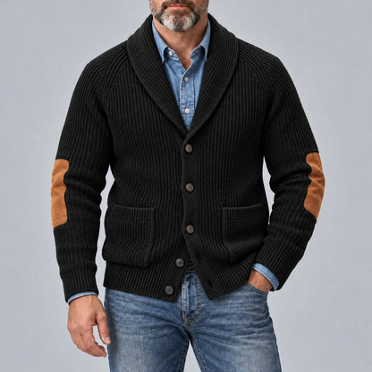 Men's Navy Blue Shawl Lapel Single Breasted Patchwork Ribbed Knit Sweater Cardigan