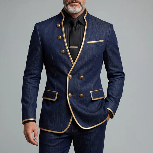 Men's Navy Blue Denim Contrast Piping Stand Collar Double-Breasted Jacket