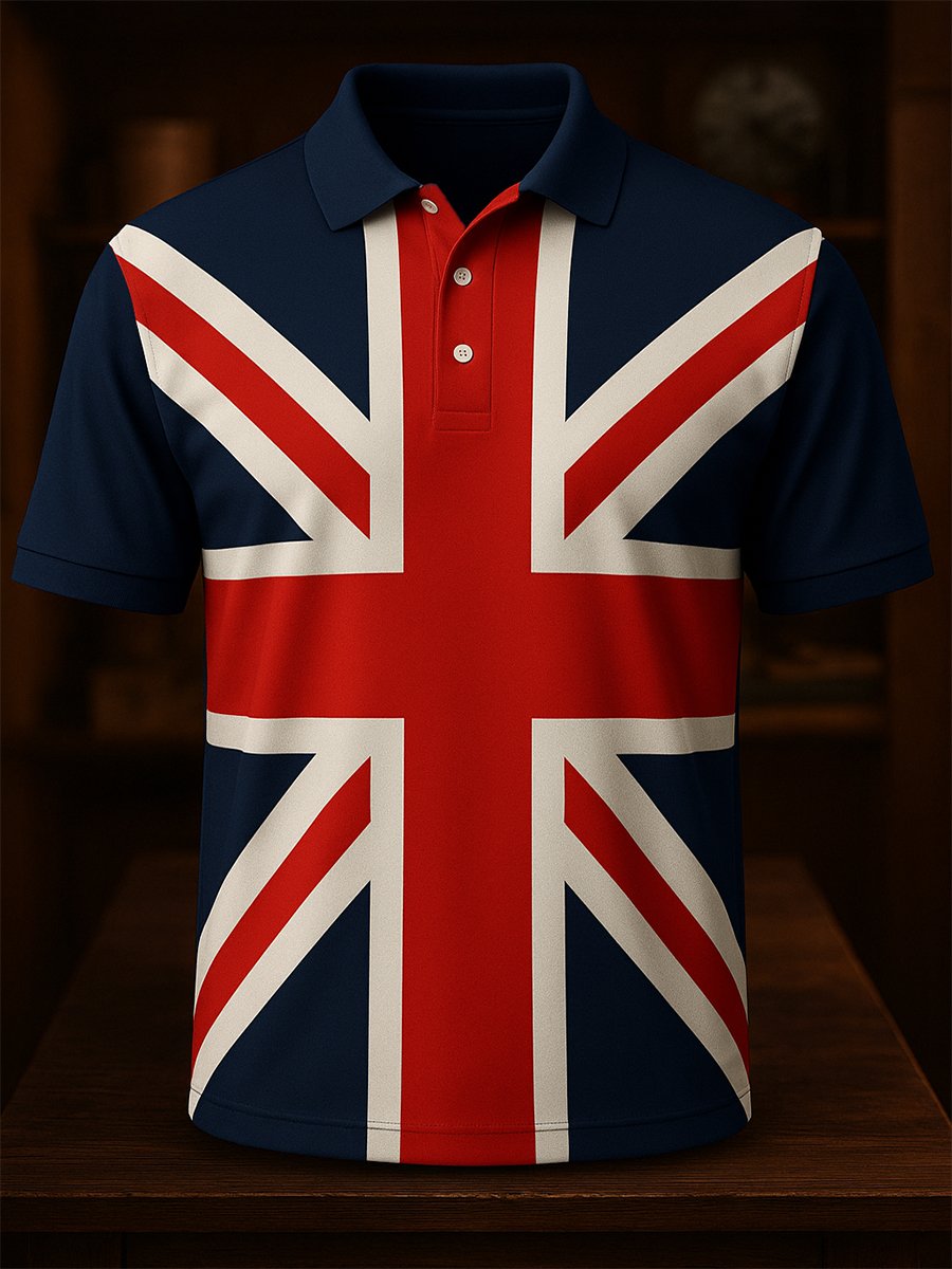 Men's Business Casual Union Jack Button Short Sleeve Polo Shirt