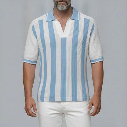 Men's White Contrast Striped Pattern Knitted Short Sleeve Polo Shirt