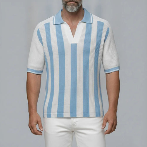 Men's White Contrast Striped Pattern Knitted Short Sleeve Polo Shirt