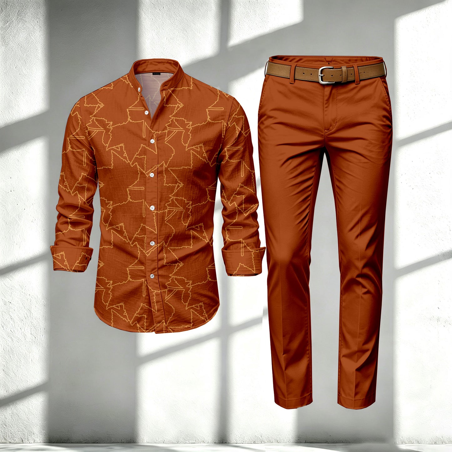 Men's Striped Print Stand-Collar Long-Sleeve Shirt and Pants Set
