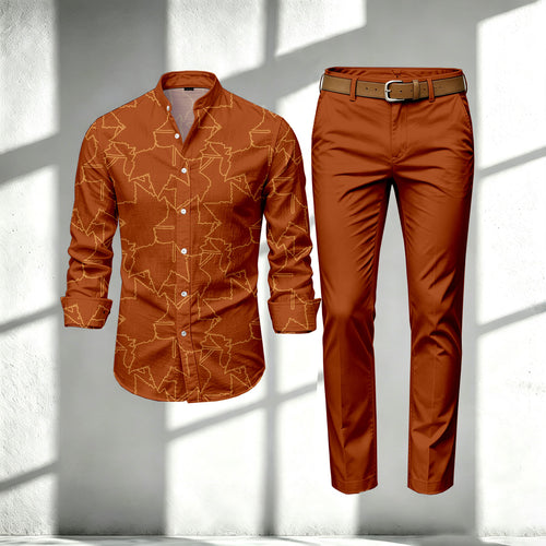 Men's Striped Print Stand-Collar Long-Sleeve Shirt and Pants Set