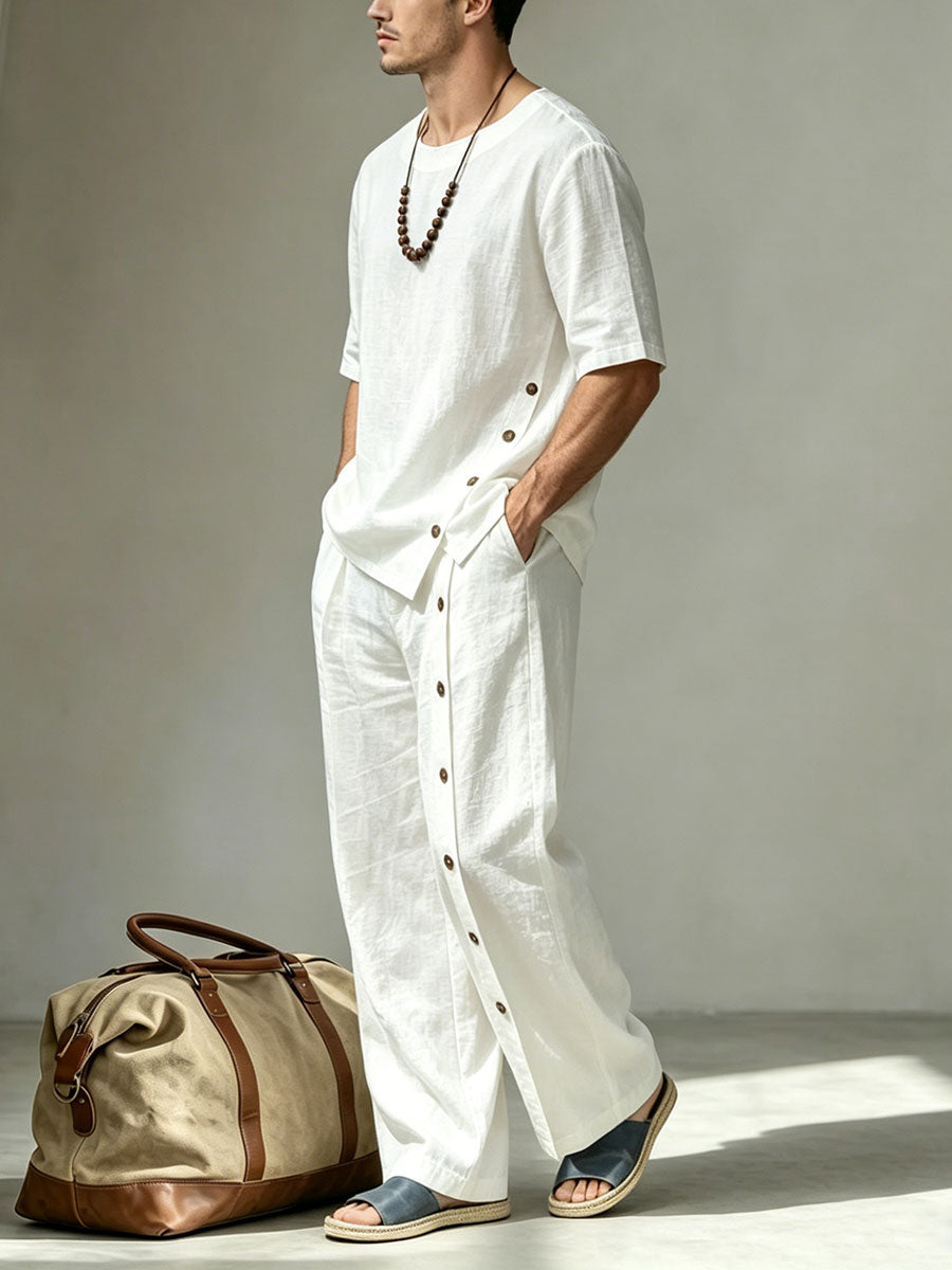 Men's Solid-color Button Loose-fit Hooded Round Neck Short-sleeved Top And Pants Set