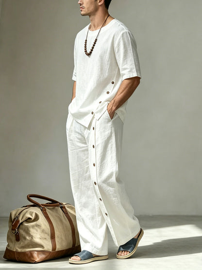 Men's Solid-color Button Loose-fit Hooded Round Neck Short-sleeved Top And Pants Set