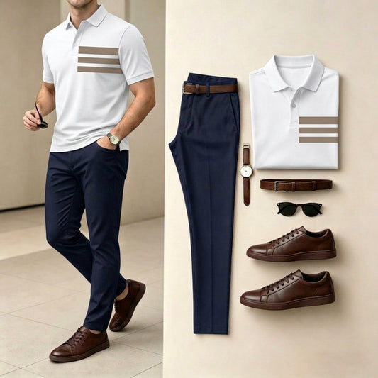 Men's White & Khaki Color Matching Short Sleeved Polo Shirt & Pants Two-Piece Set