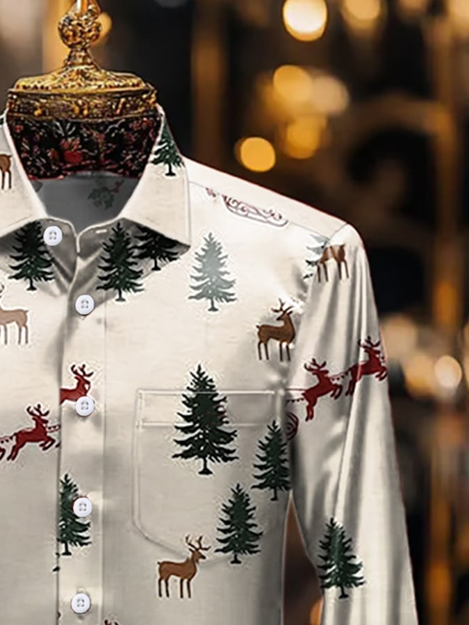 Men's Luxury Christmas Contrast Print Long Sleeve Pocket Shirt