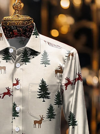 Men's Luxury Christmas Contrast Print Long Sleeve Pocket Shirt