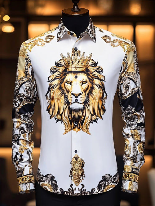 Men's Satin Luxe Lion Long Sleeve Button Down Shirt