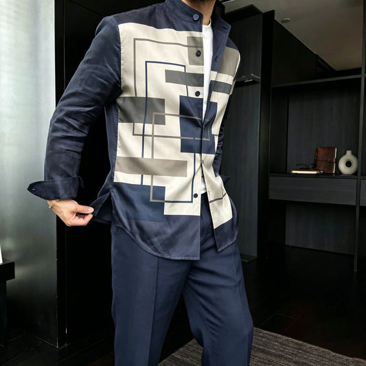 Men's Casual Two-Piece Set: Long-Sleeve Shirt with Geometric Print and Stand-Up Collar, and Pants
