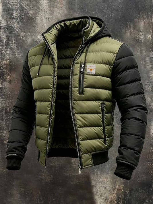 Men's Retro Color-Block Padded Down Jacket (Detachable Hood)
