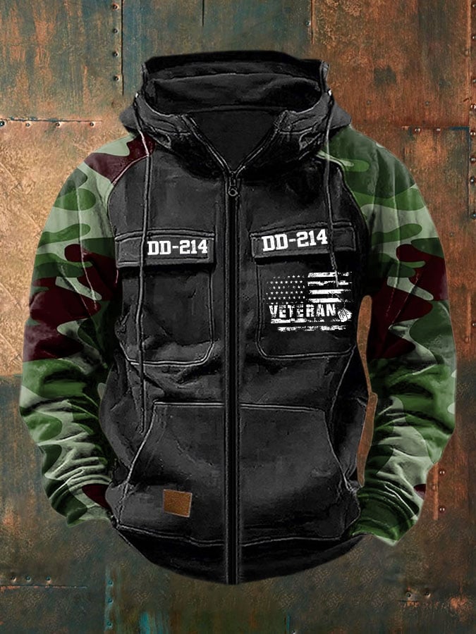 Men's Vintage Veteran Print Multi-Pocket Jacket