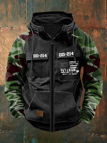 Men's Vintage Veteran Print Multi-Pocket Jacket
