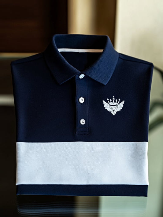 Men's Business Casual Crown Wings Logo Button Short Sleeve Polo Shirt