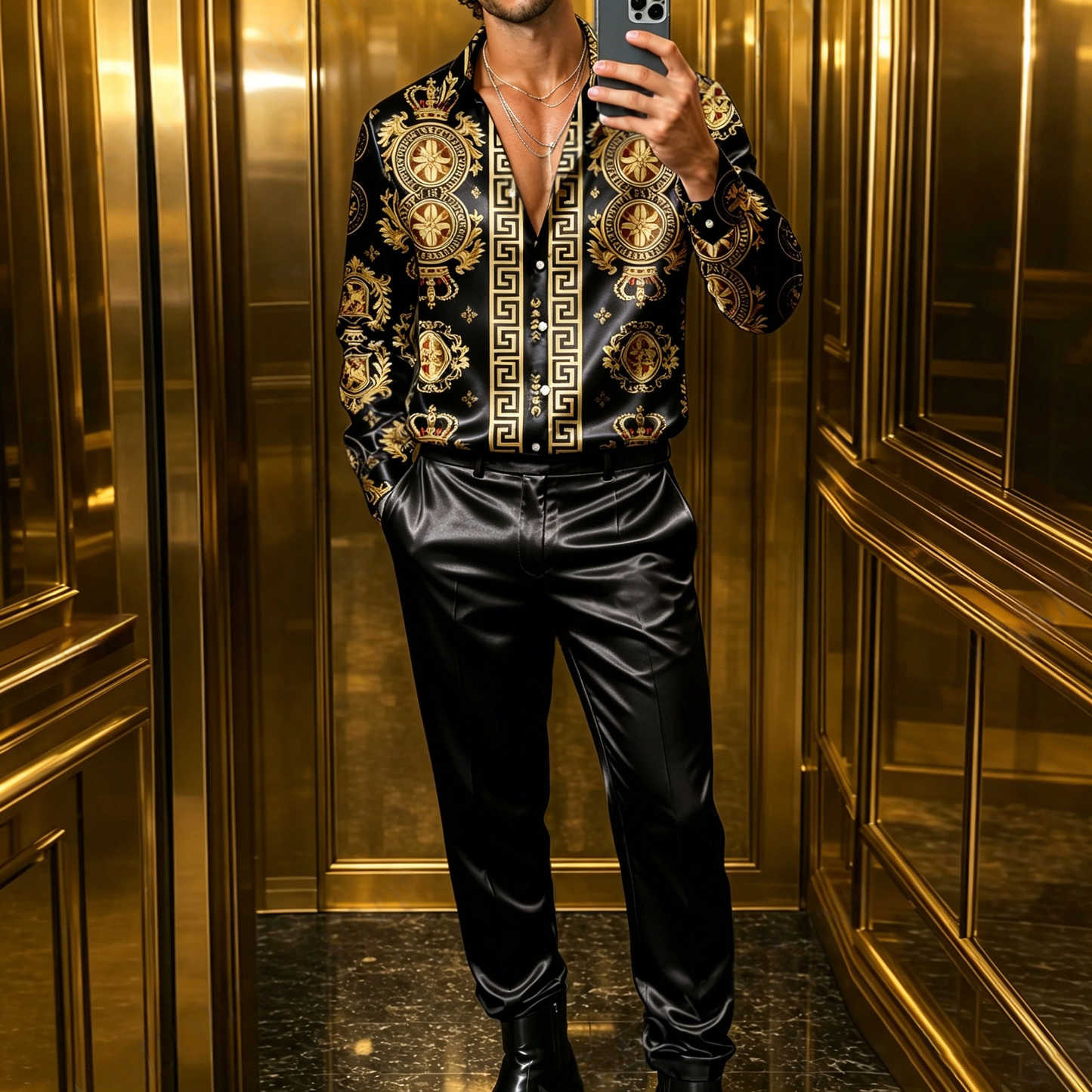 Men's Casual Black And Gold Patchwork Print Long-Sleeve Shirt And Pants Two-Piece Set