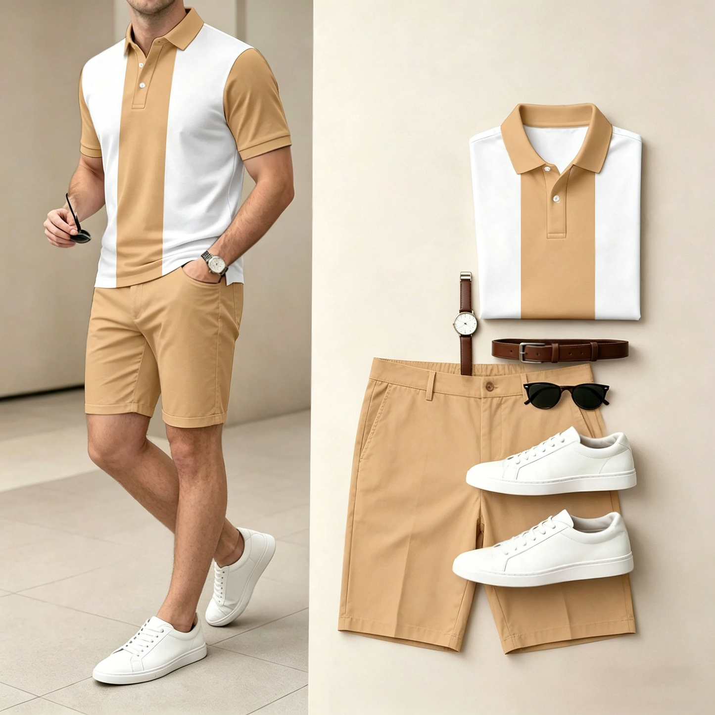 Men's Casual Two-Piece Set Featuring A Color-Blocked Printed Polo Shirt And Shorts (Watch, Belt, And Accessories Not Included)