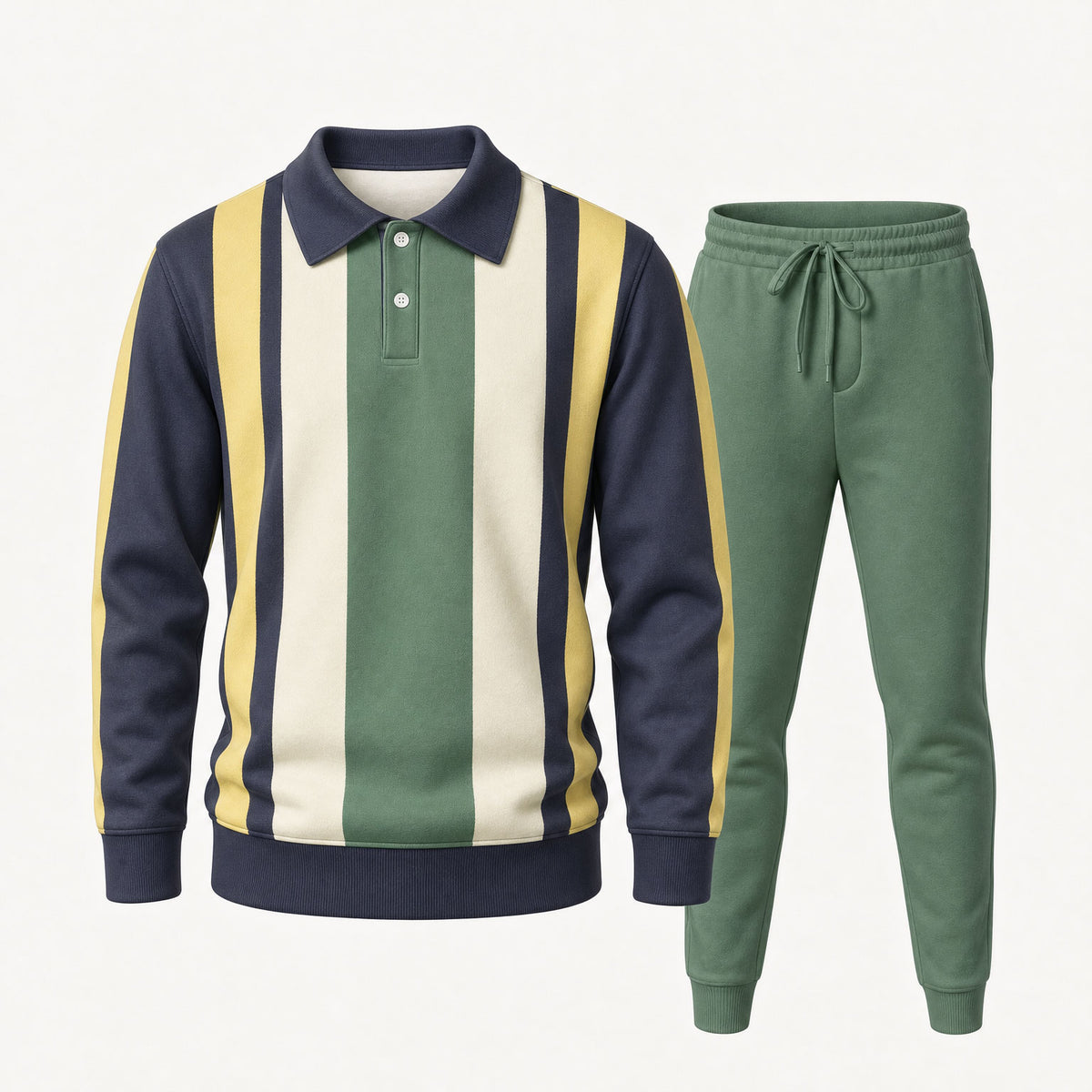 Men's Two-Piece Set: Color-Blocked Striped Print Polo Shirt and Pants