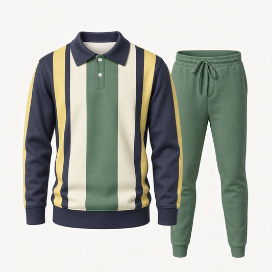 Men's Two-Piece Set: Color-Blocked Striped Print Polo Shirt and Pants