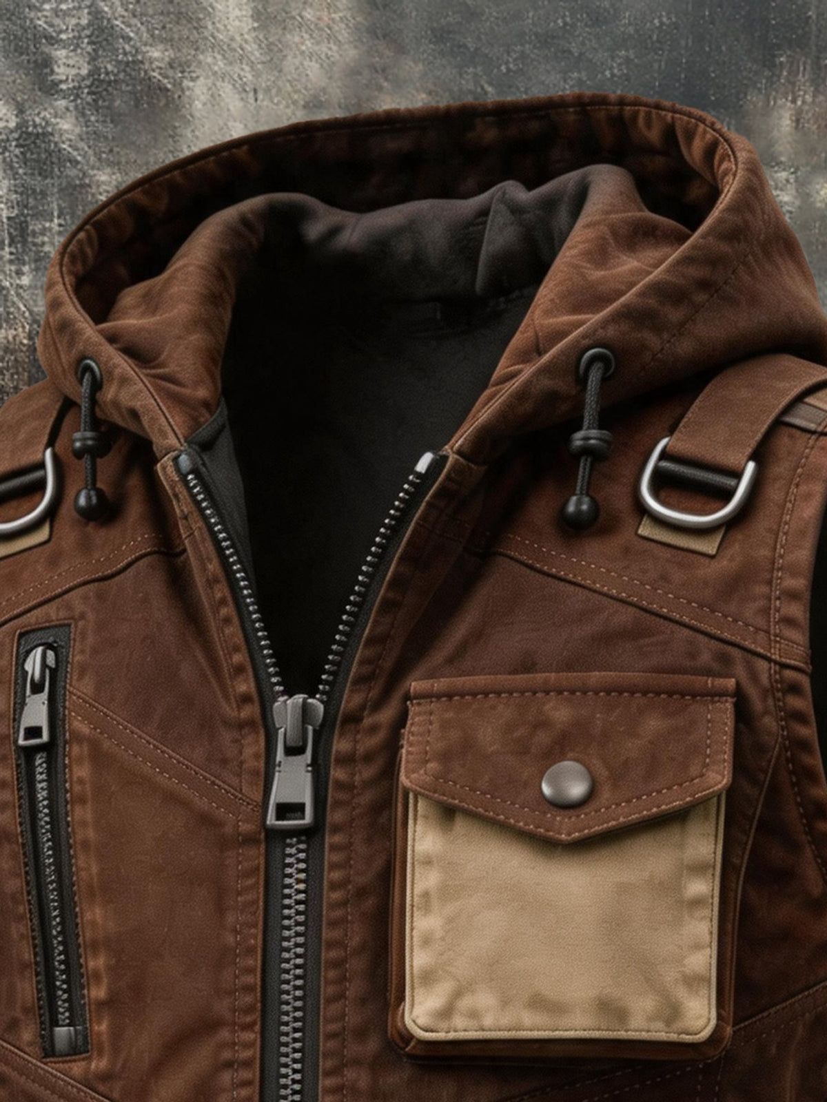 Men's Vintage Multi-Pocket Hooded Zip-Up Vest