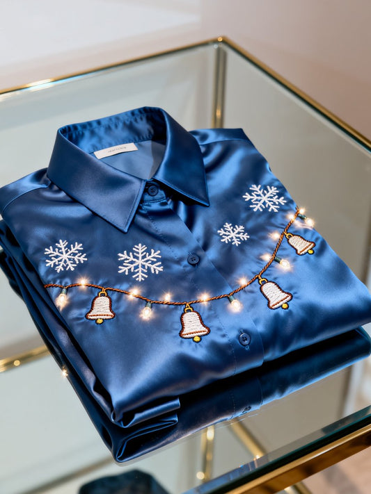 Men's Business Retro Christmas Bell Snowflake Print Long Sleeve Shirt