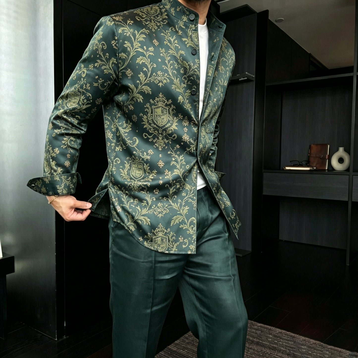 Men's Casual Subtle-Patterned Printed Stand-Collar Long-Sleeve Shirt and Pants Two-Piece Set