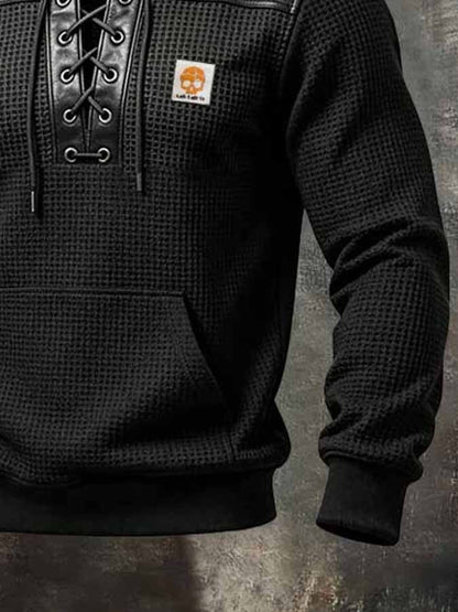 Men's Retro Waffle-Knit & Leather-Panel Lace-Up Collar Sweatshirt