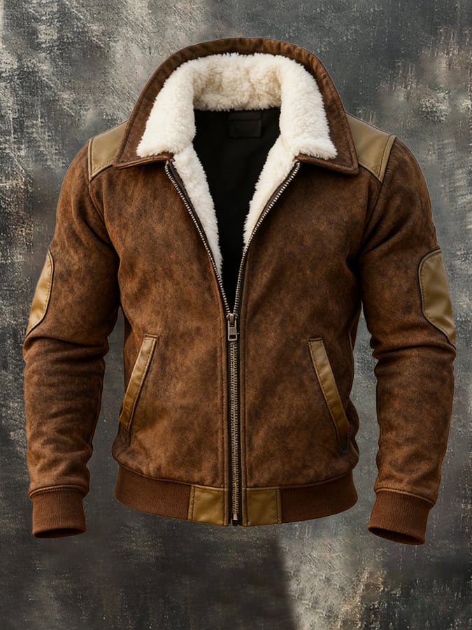Men's Vintage Warm Suede Stitching Fur Lapel Western Jacket