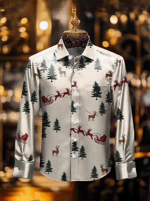Men's Luxury Christmas Contrast Print Long Sleeve Pocket Shirt