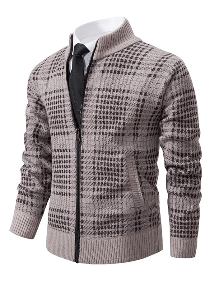 Men's Fashionable Plaid Design Warm Zipper Sweater Jacket